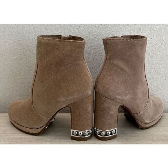 Karl Lagerfield Women Sz 6M Lenore Tan Suede Boot Lug Sole Metal Bead Heel - Picture 12 of 16